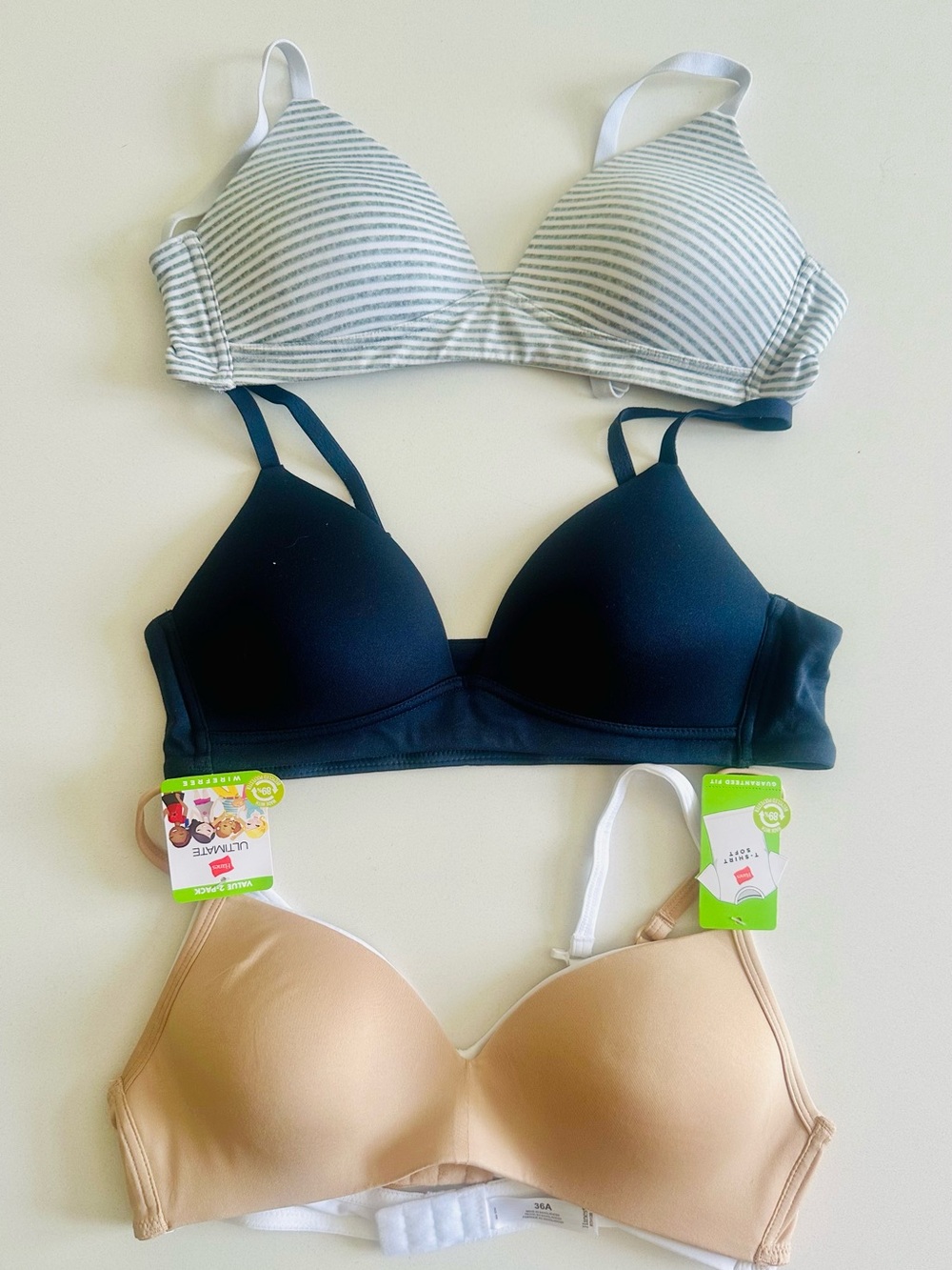4-Pack Bundle Girl’s T-Shirt Bras — Nude, White, Navy & Gray Stripe - Size 36A